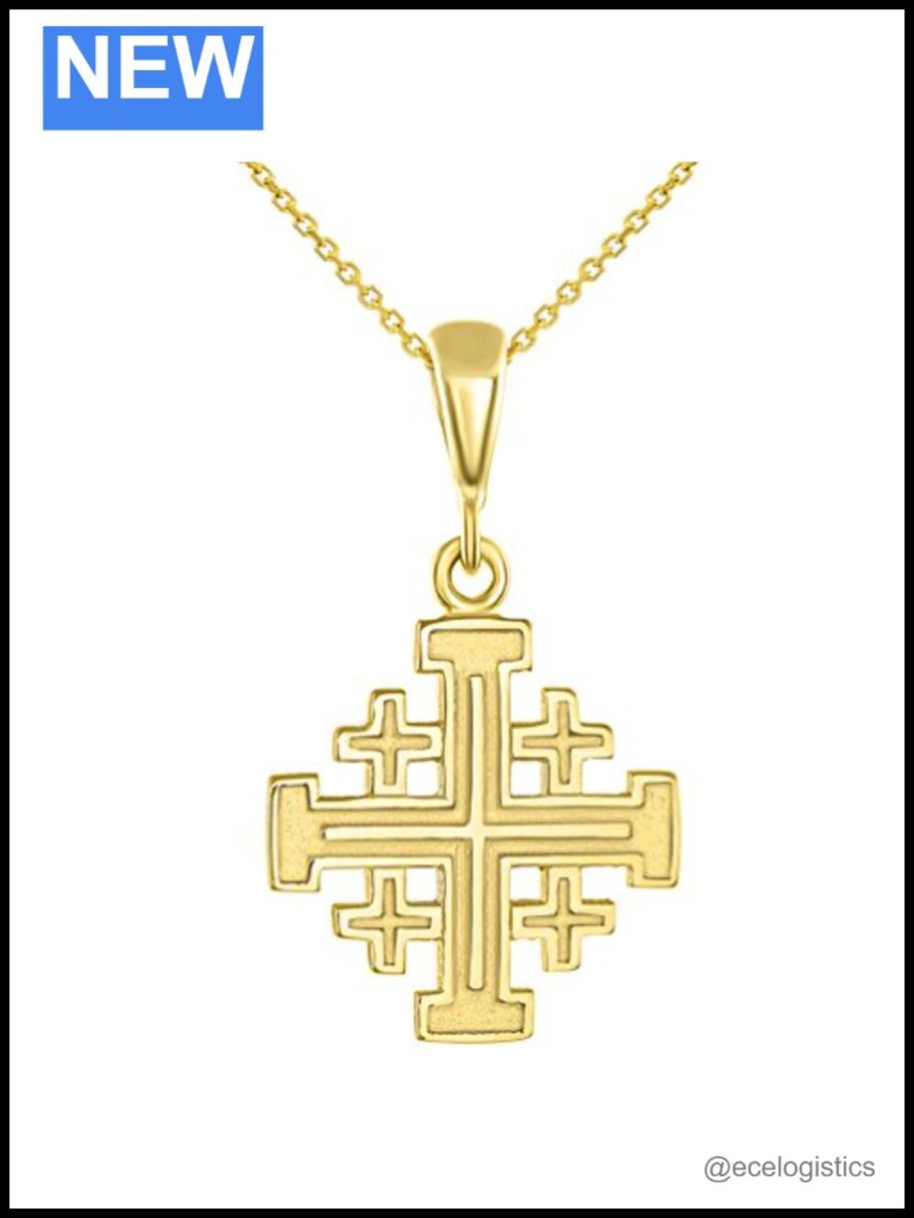 Solid 14K Yellow Gold Crusaders Jerusalem Cross Pendant Necklace